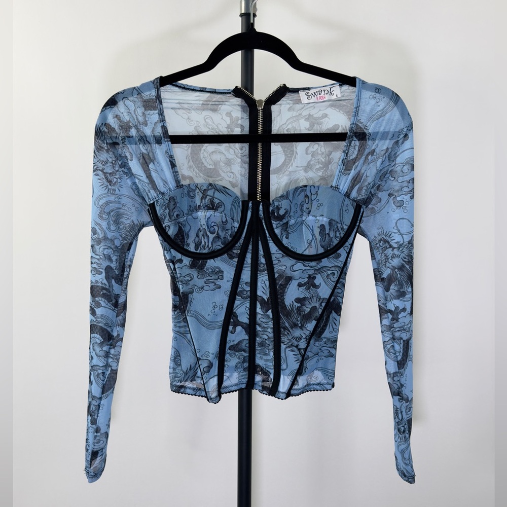 SWANK Blue Sheer corset top with Black Details